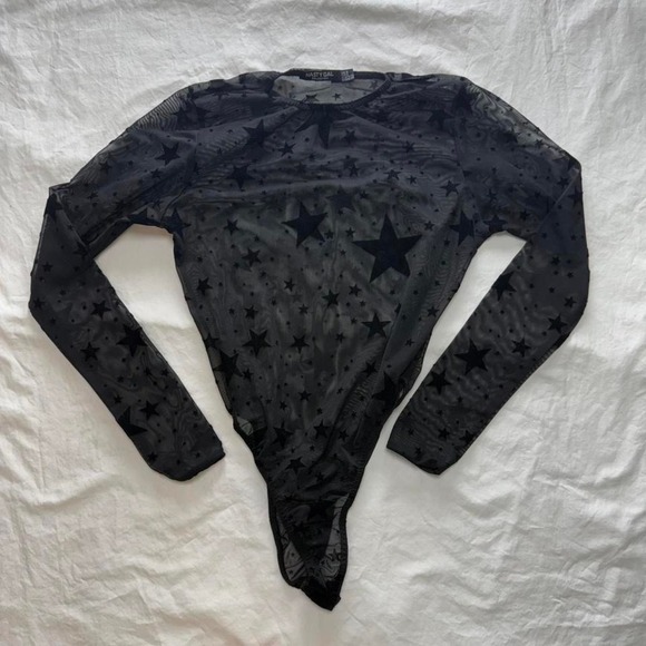 Nasty Gal Tops - Nasty Gal Black Sheer Star-Print Long Sleeve Bodysuit